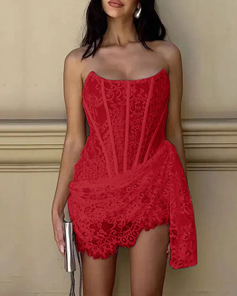 Lace Mesh Off-shoulder Strapless Slightly Sheer Bodycon Dress