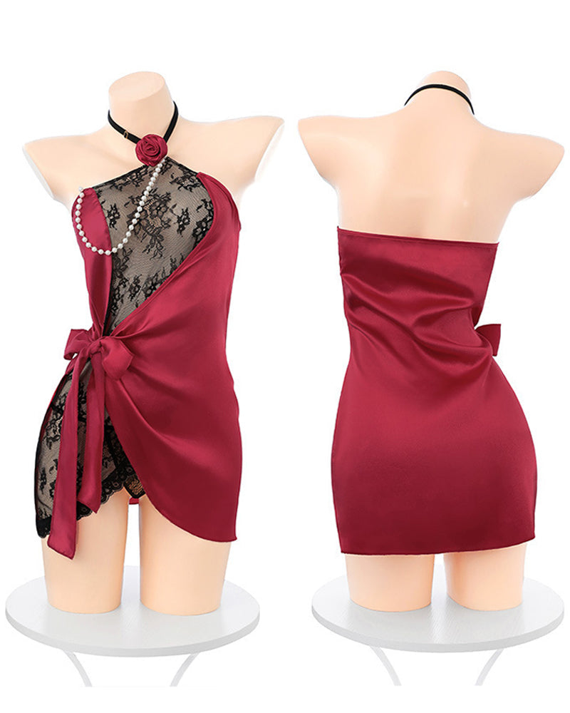 Halter Neck Lace See-through Mesh Patchwork Lingerie Nightgown Set