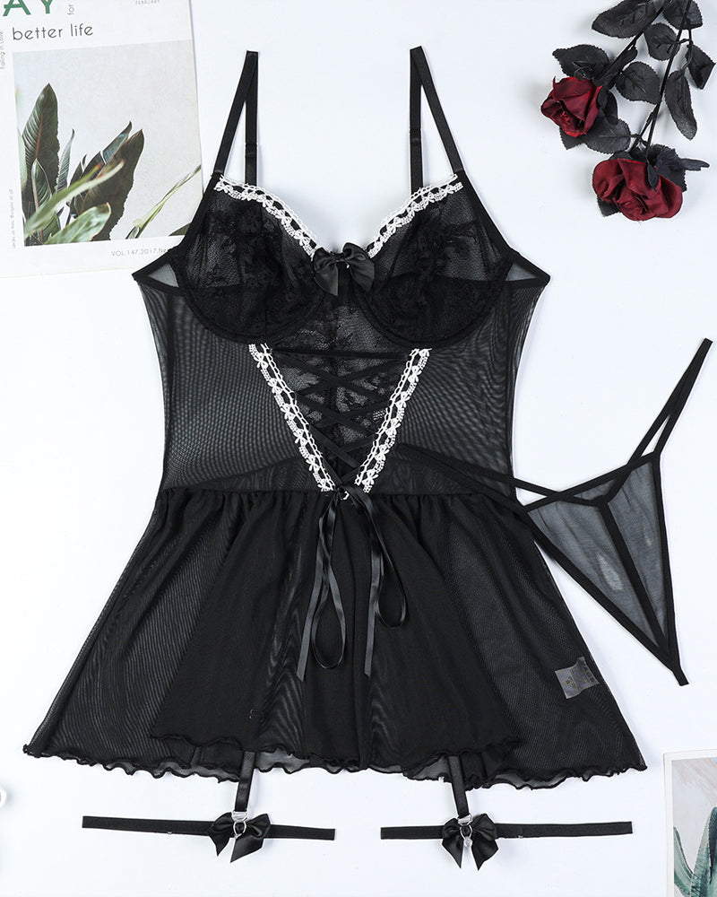 Lace Mesh See-Through Straps Cross Bow Mesh Ruffled Nightdress