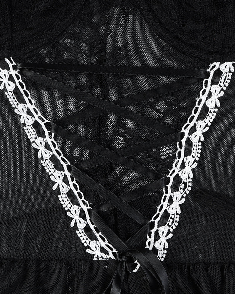 Lace Mesh See-Through Straps Cross Bow Mesh Ruffled Nightdress