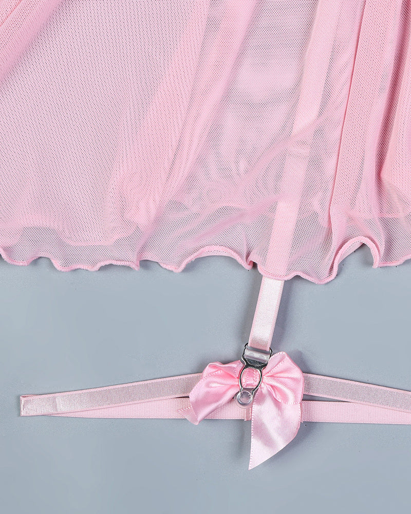 Lace Mesh See-Through Straps Cross Bow Mesh Ruffled Nightdress
