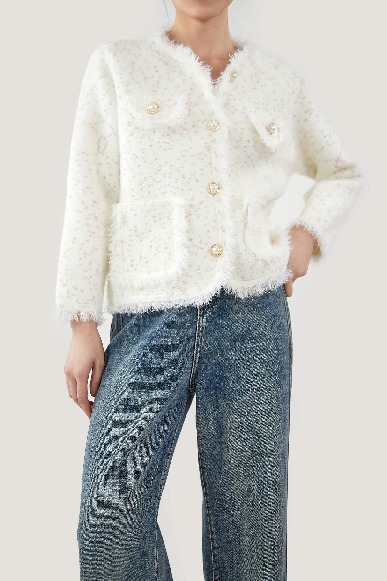 White Patched Pocket Frayed Trim Cardigan