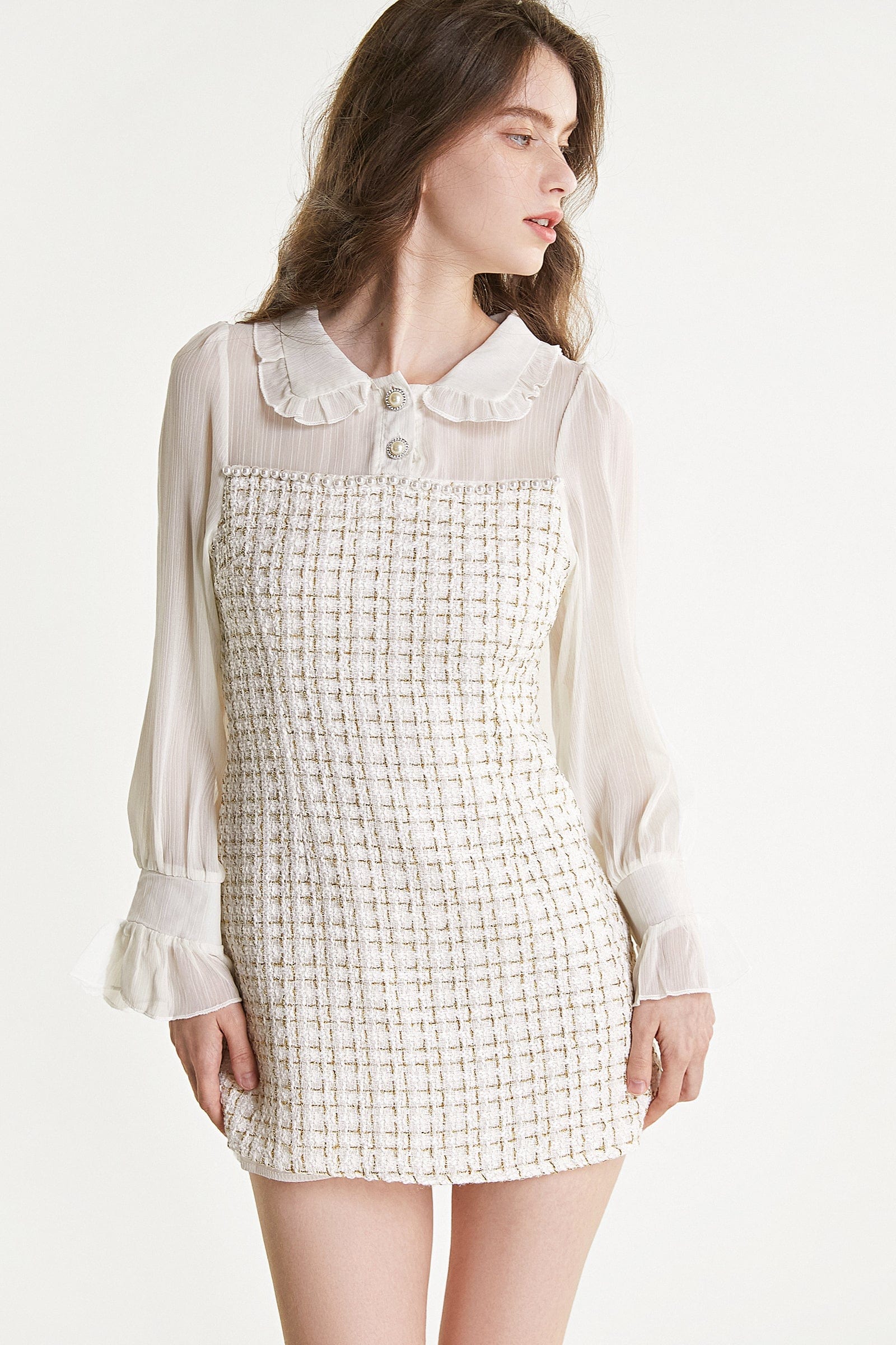 White Mesh Yoke Tweed Mini Dress
