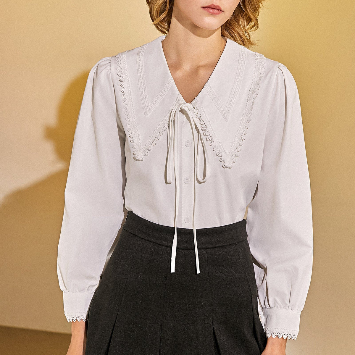 White Lace Trim Button-Up Shirt