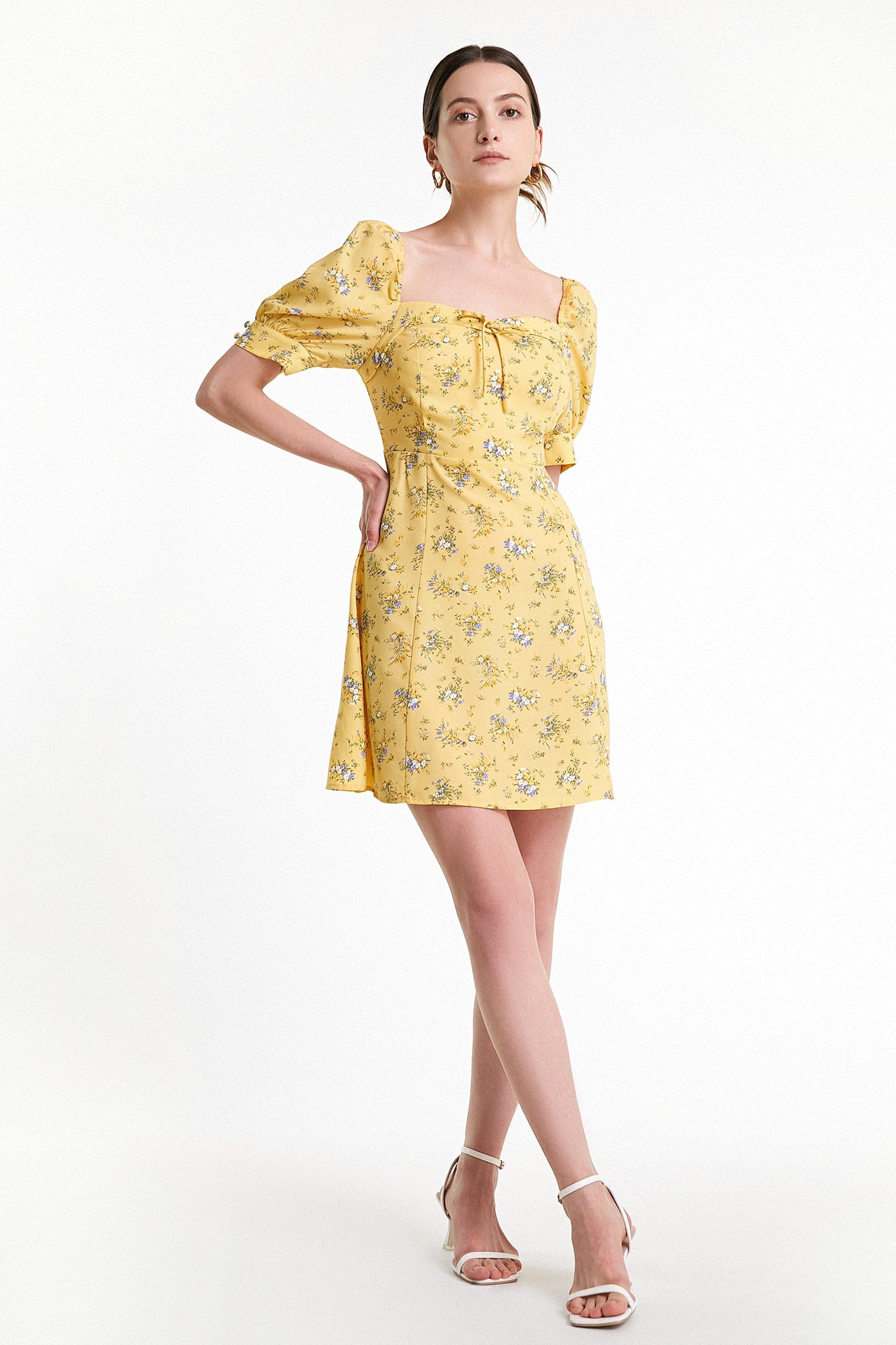 Yellow Floral Print Smocked Tiered Hem Mini Dress