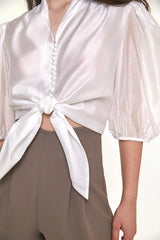 White Tie Hem Button Front Three-Quarter Puff-Sleeve Blouse