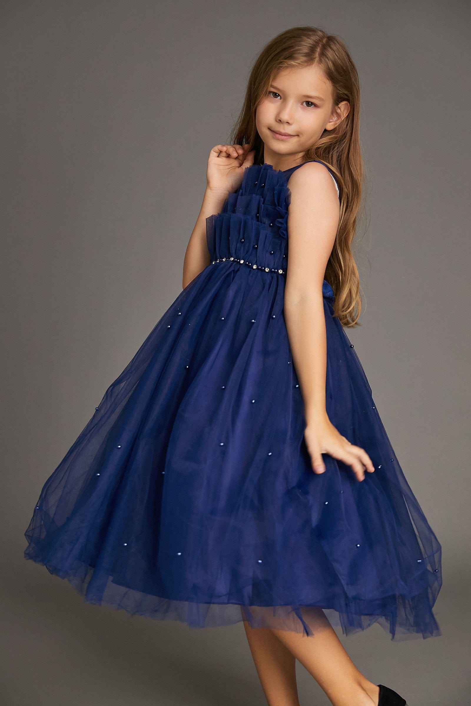 Kids Girls Midnight Blue Strapless Ruffled Pearl-Embellished Tulle Maxi Party Dress