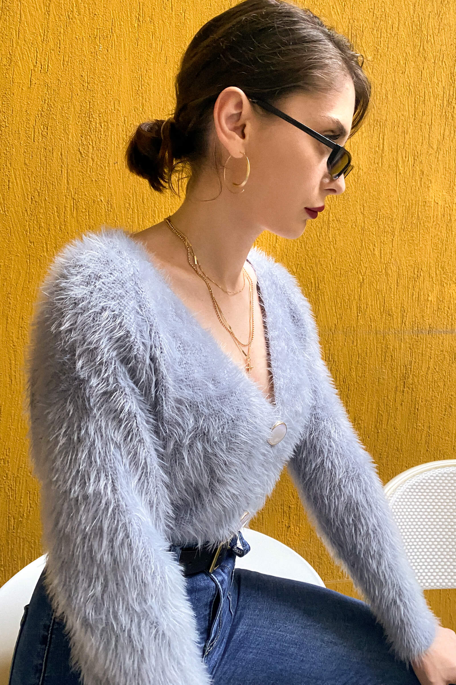 Dark Grey V-Neck Fuzzy Knit Cropped Cardigan