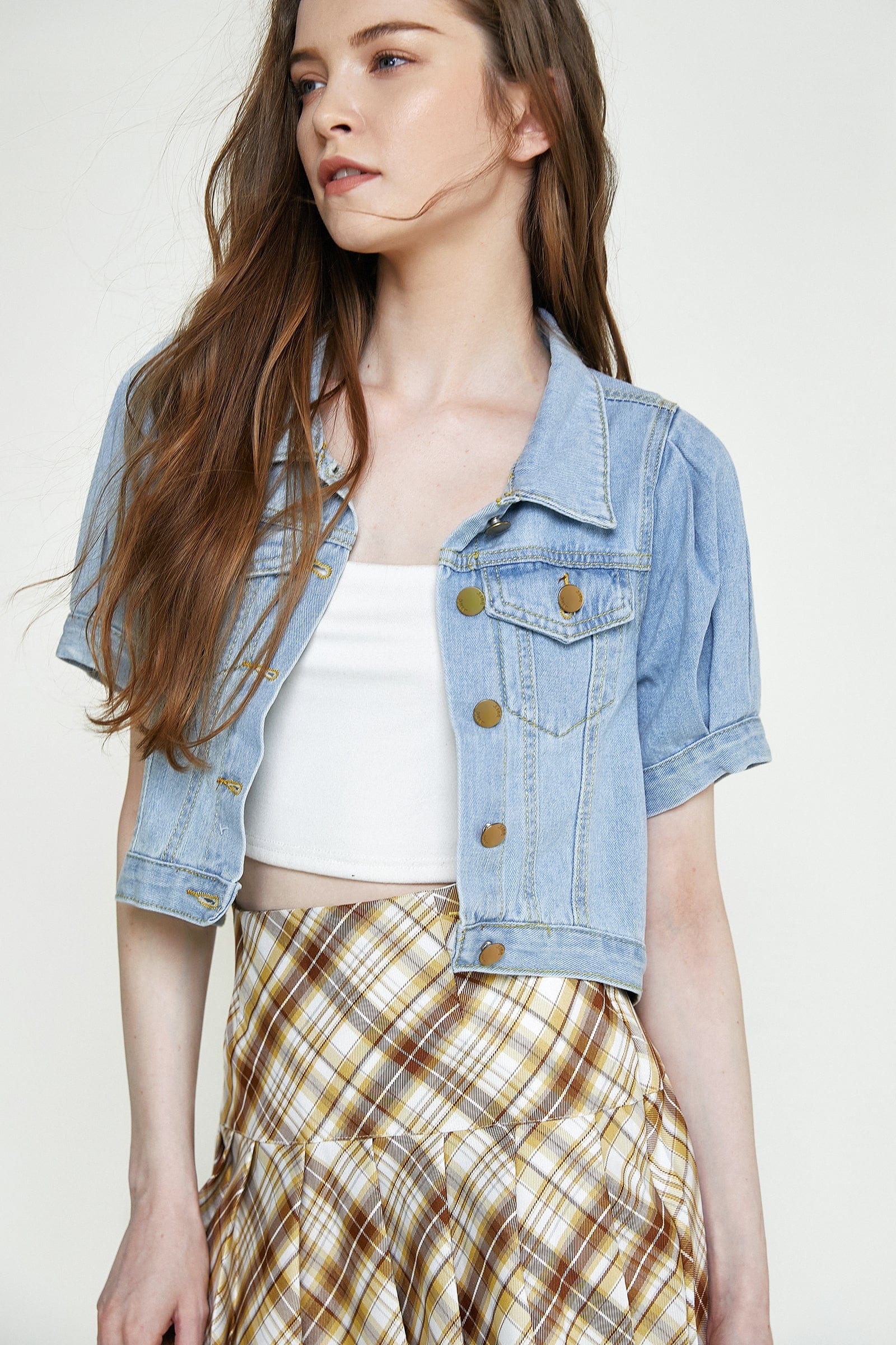 Light Slate Gray Puff Sleeve Pocket Detail Cropped Denim Jacket