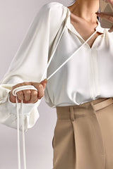 Ivory Tie Neck Balloon Sleeve Gathered Detail Blouse