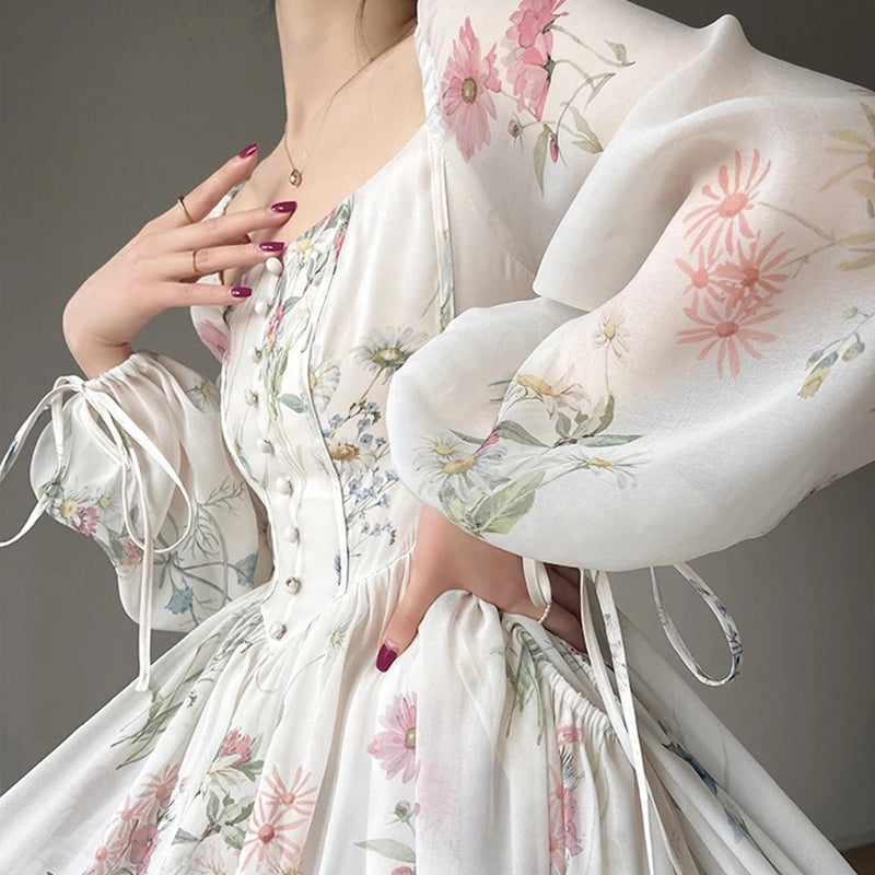 French Print Long-Sleeved Dress