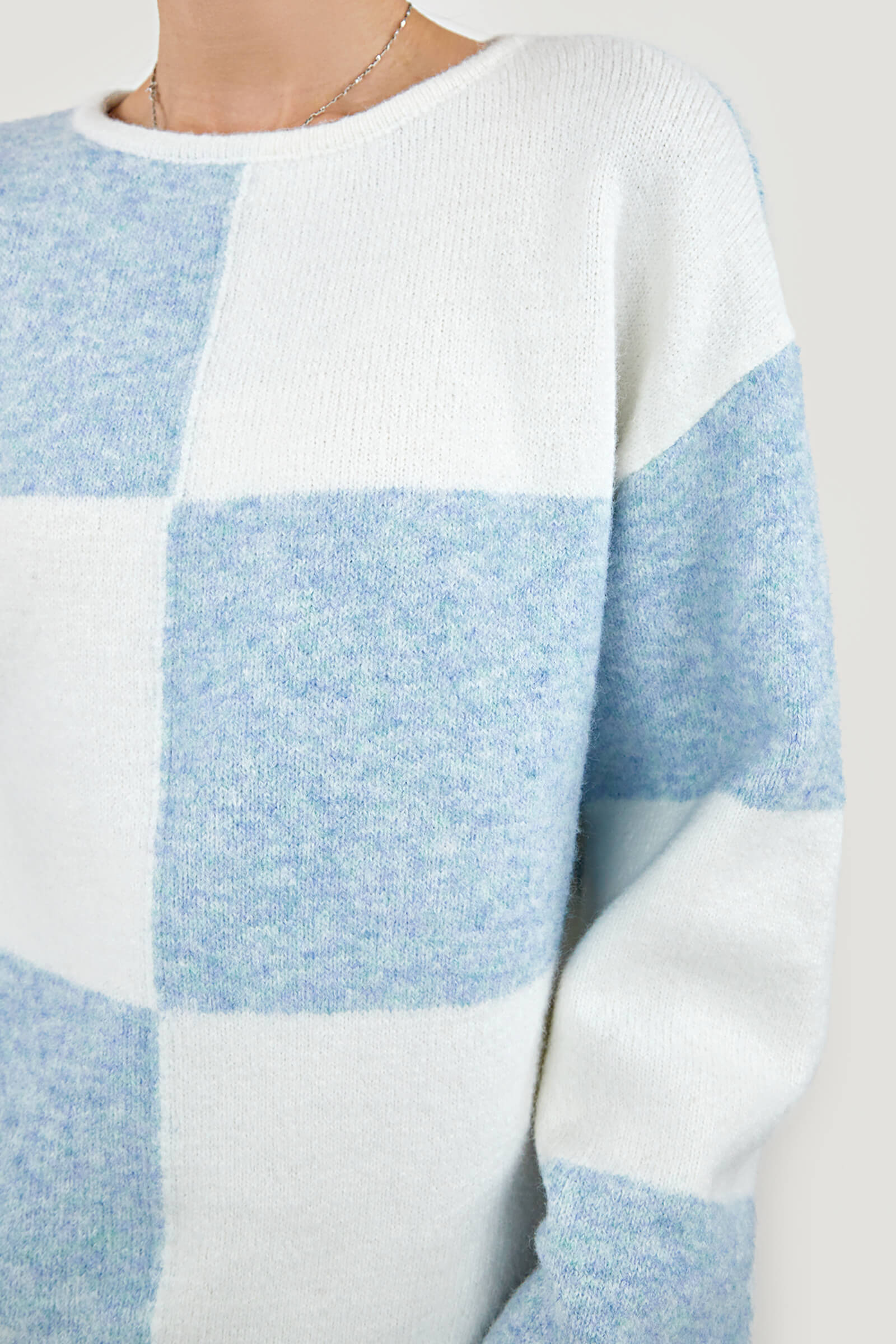 Light Sky Blue Cozy Crew Neck Plaid Sweater