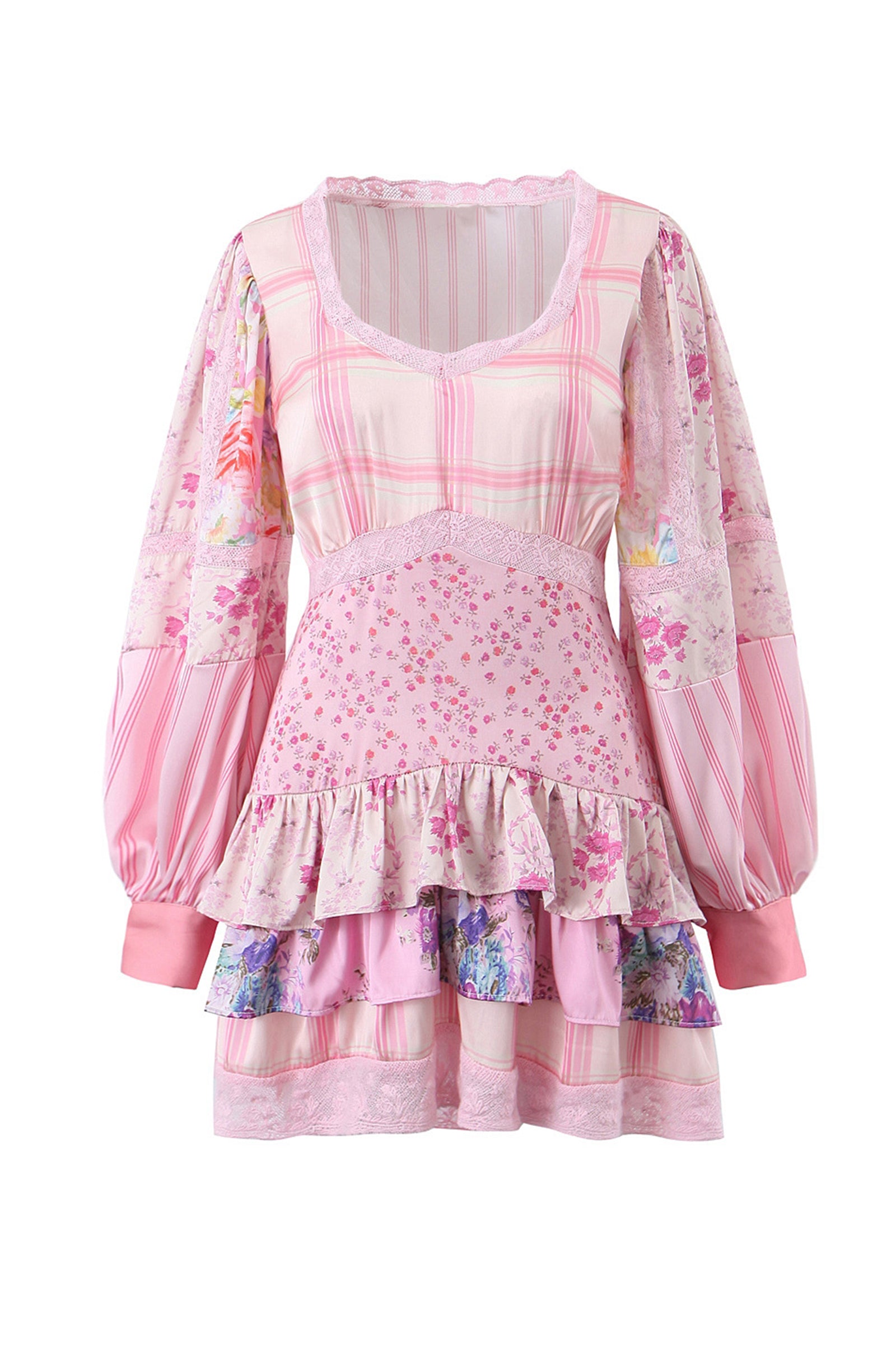 Pink Floral Print Balloon Sleeve Tiered Mini Dress