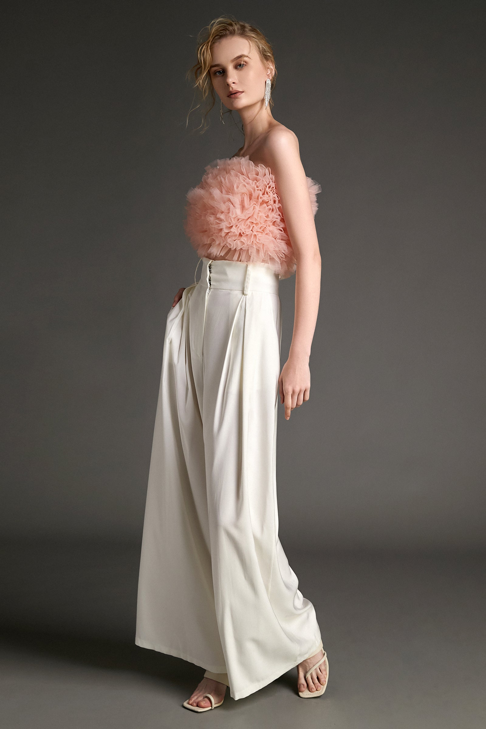 Pink Ruffled Tulle Knit Crop Top