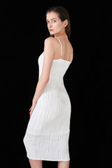 White Faux Pearl Strap Pleated Midi Dress