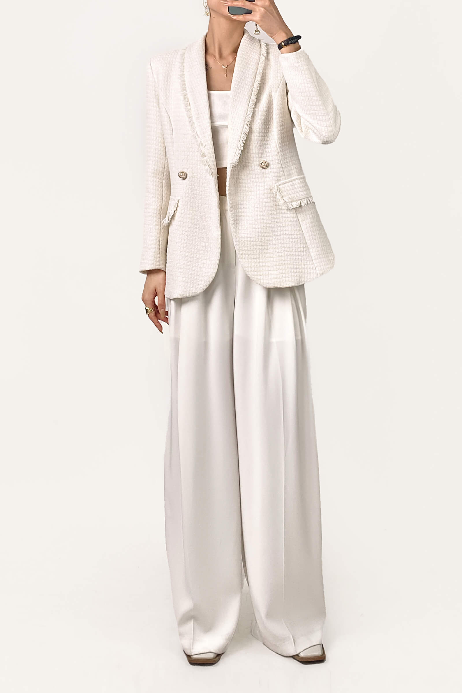 White Shawl Collar Double-Breasted Tweed Blazer