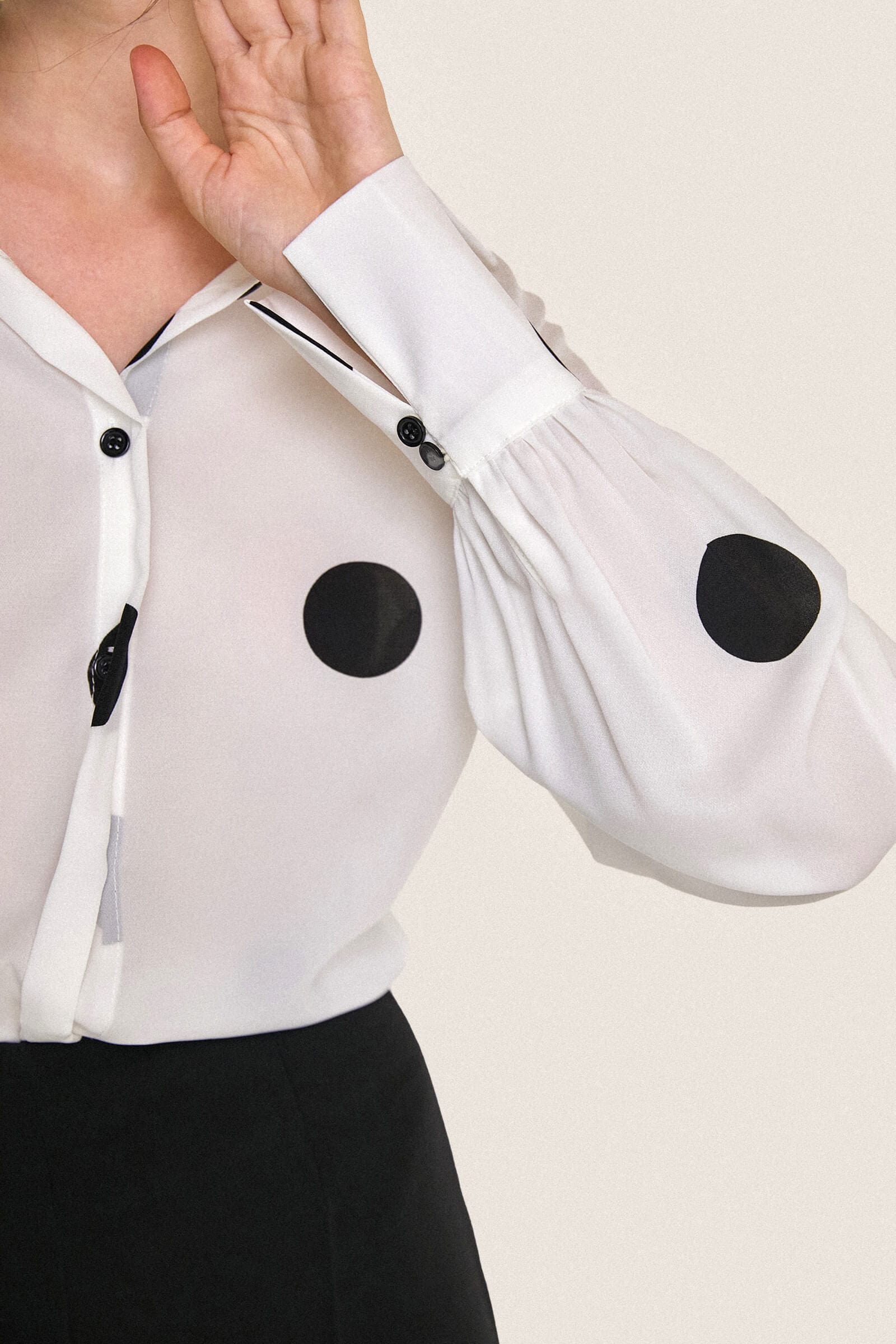 Ivory Polka Dot Balloon Sleeve Button-Up Chiffon Shirt