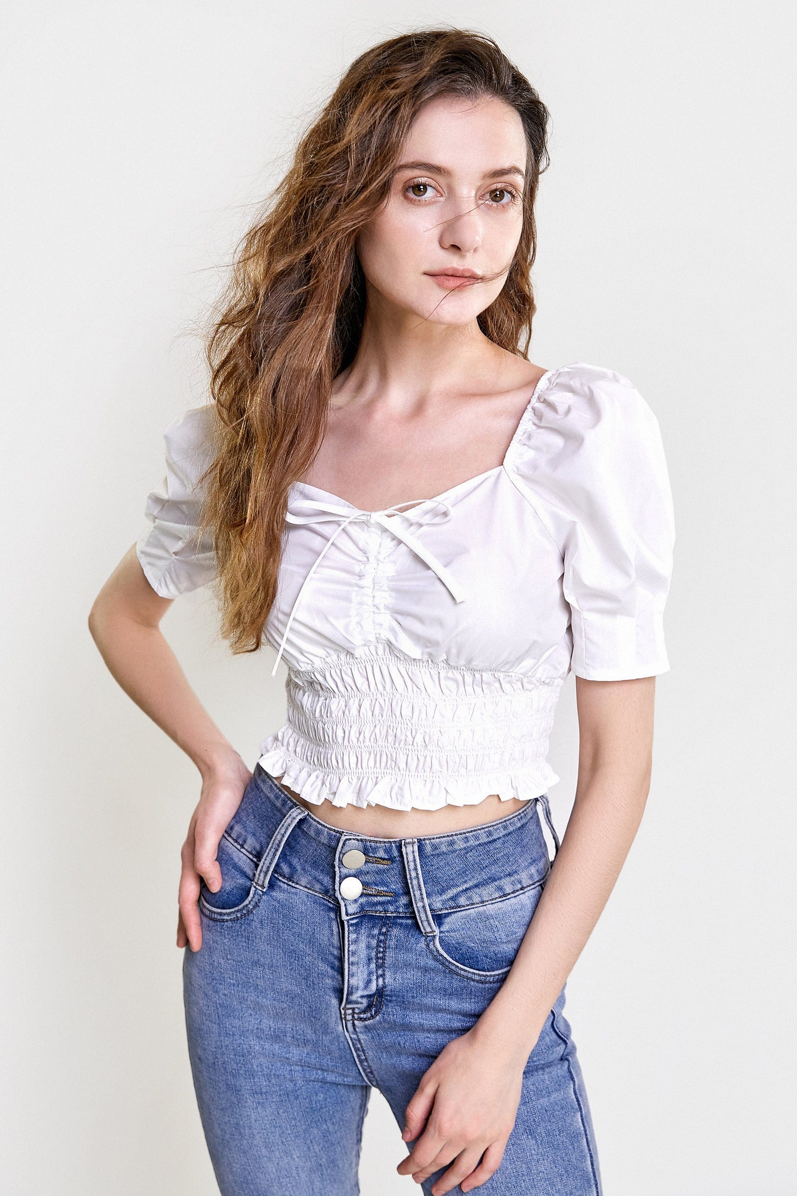 White Ruched Drawstring Smocked Cropped Blouse