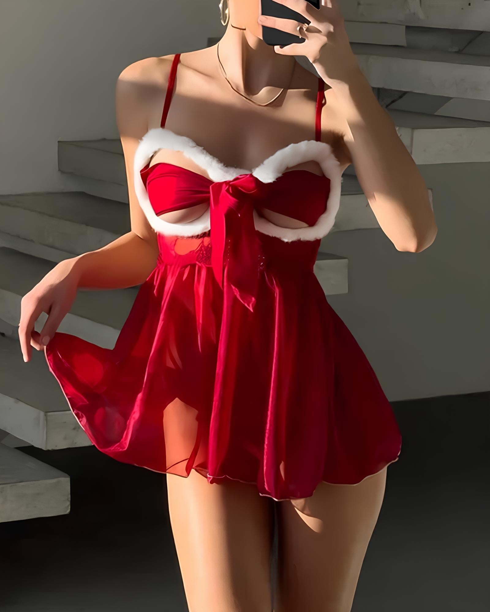 Christmas Bow Tie Mesh See-through Hollow Out Lingerie Nightgown Set