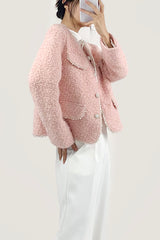 Misty Rose Wool-Blend Long Sleeve Button Up Pearl-Trimmed Jacket