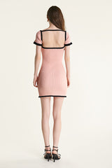 Pink Contrast Trim Bow Detail Rib-Knit Bodycon Mini Dress