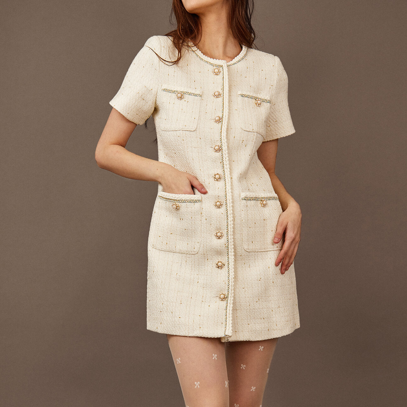 White Faux Pearl Button Mini Dress