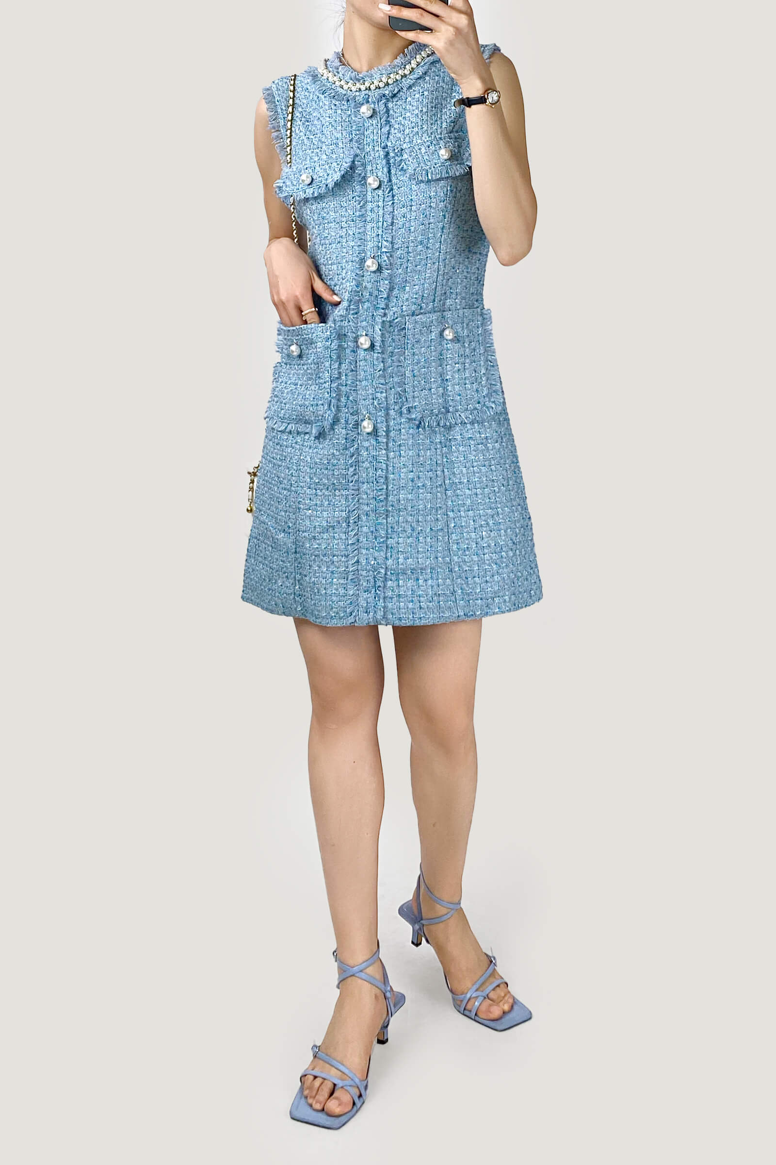 Plaid Raw Trim Tweed Sleeveless Mini Dress