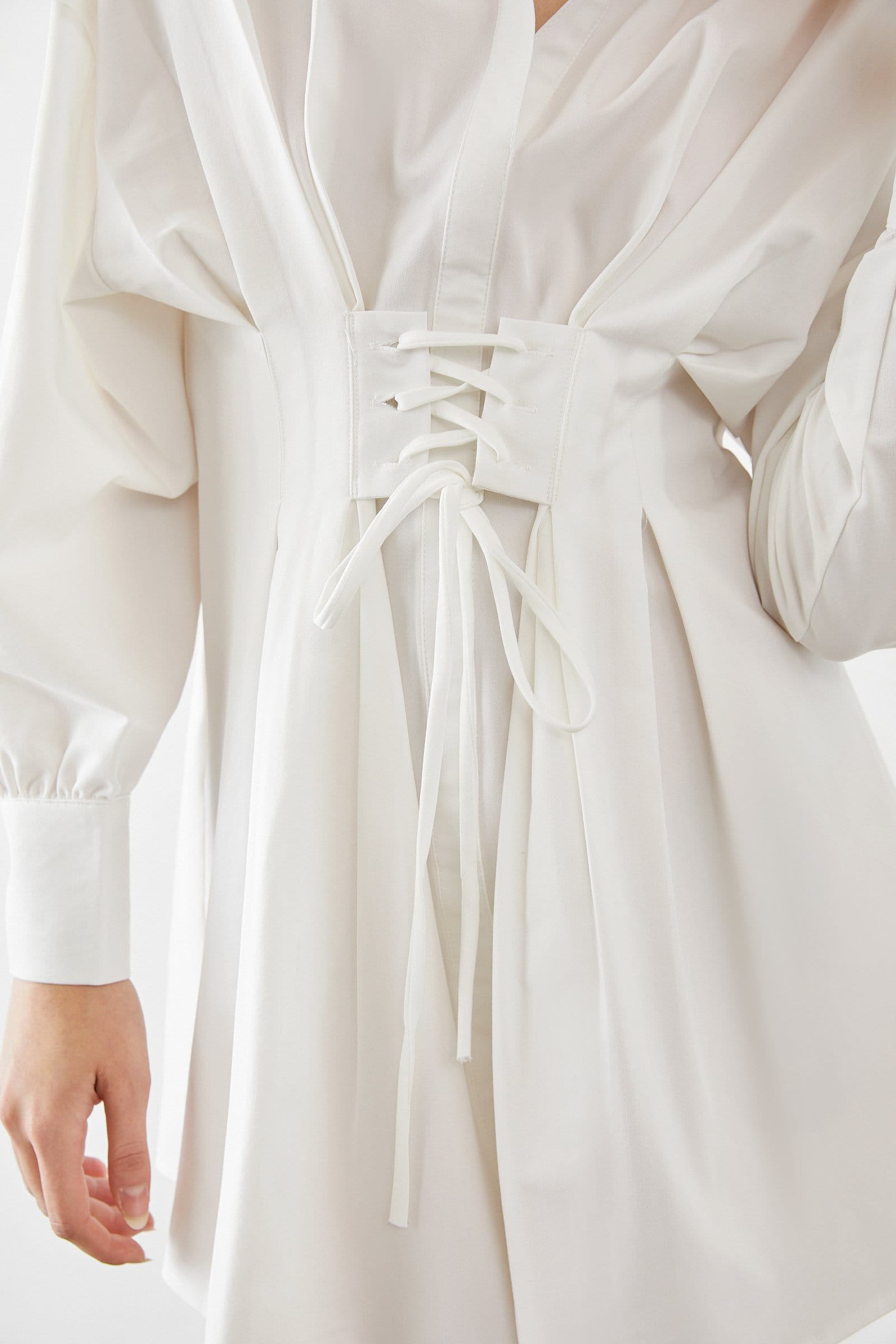 Adalie White Cinched Waist Shirt Dress