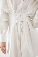 Adalie White Cinched Waist Shirt Dress