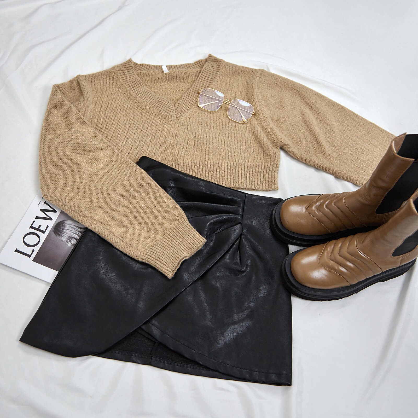 Tan V-Neck Ribbed Trim Cropped Sweater