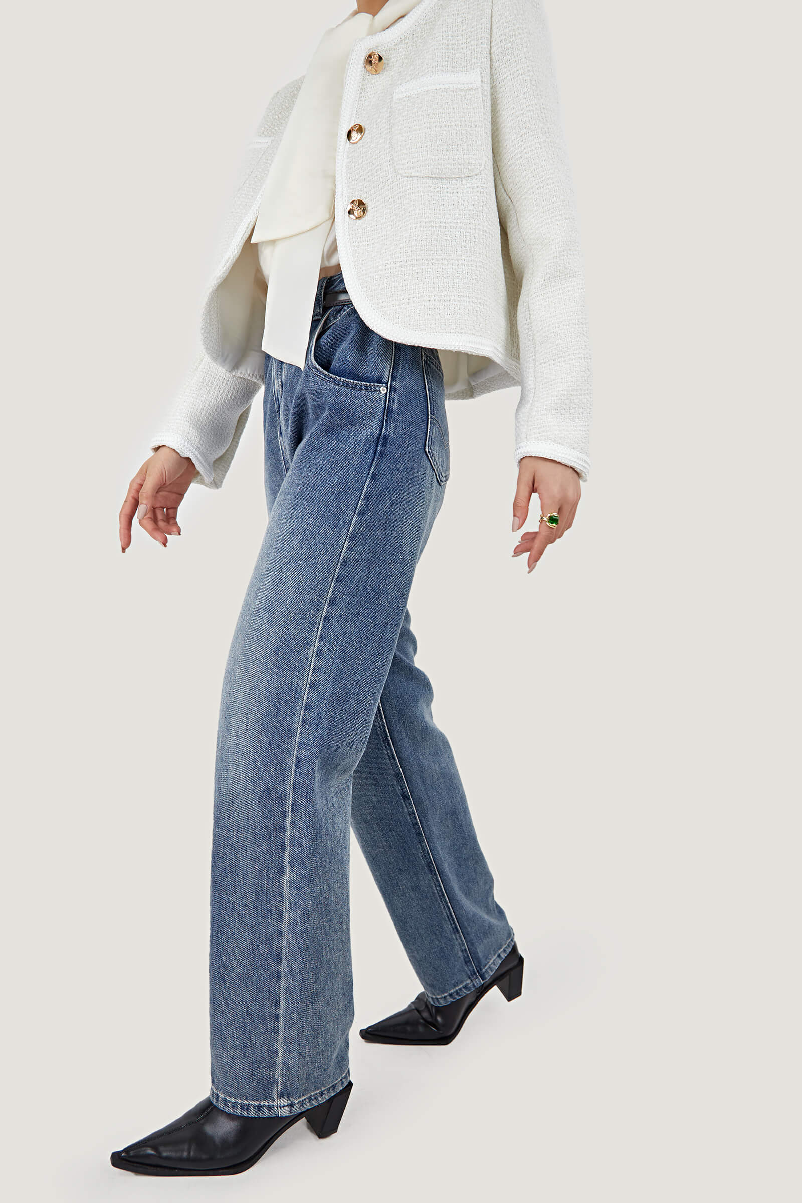 White Frenchy Button Front Detail Tweed Jacket