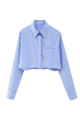 Dodger Blue Striped Long Sleeve Button-Up Cropped Shirt