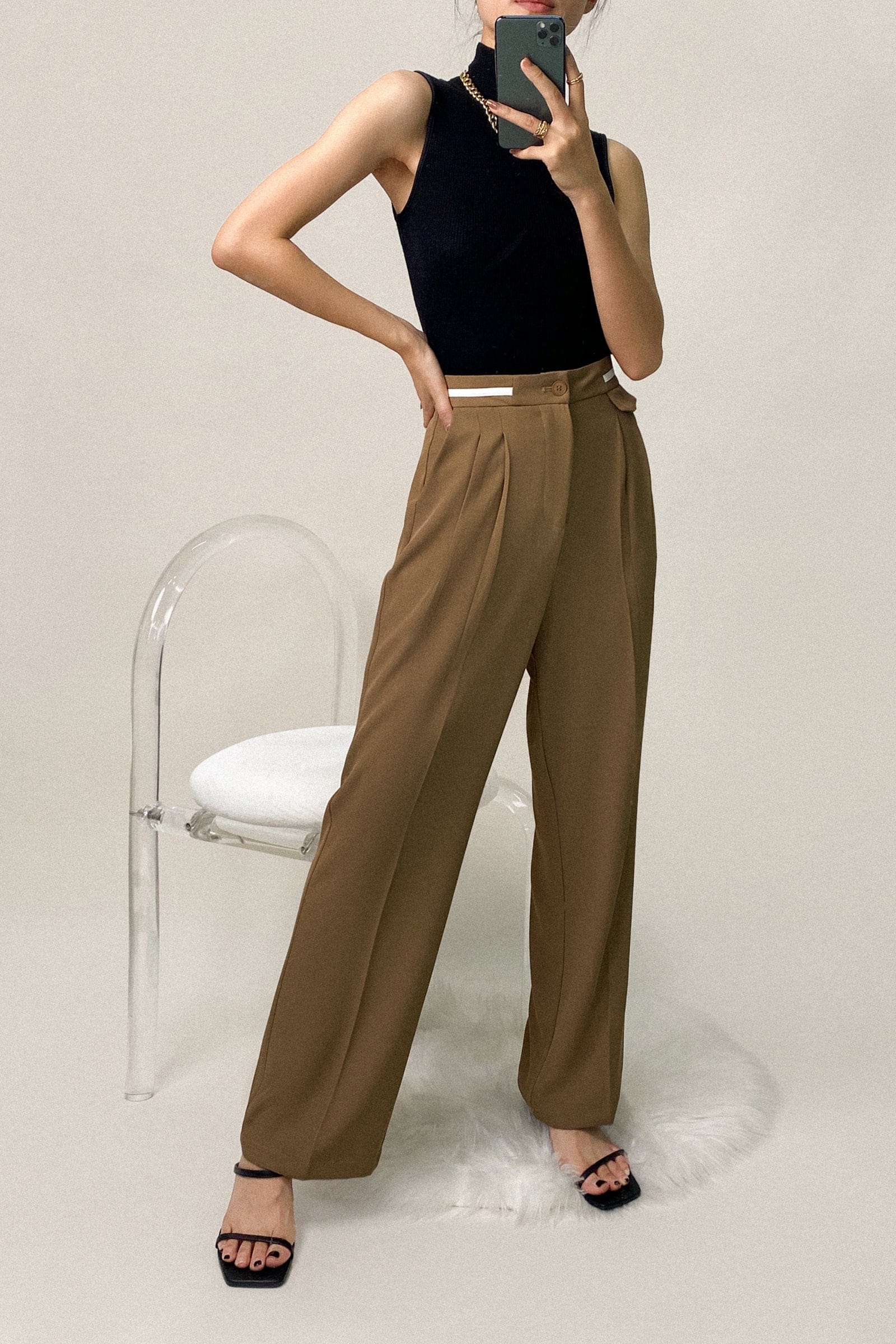 Dark Khaki Contrast Strap Detail Wide Leg Work Pants