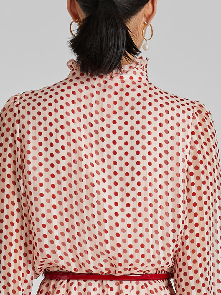 Gathered Waist Chiffon Polka Dot Midi Dress