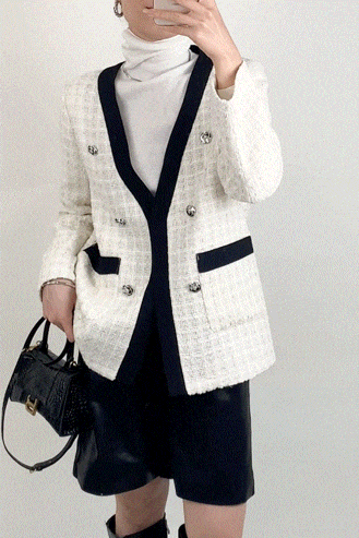 Floral White Contrast Trim Double-Breasted Wool-Blend Tweed Jacket