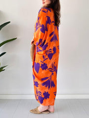 Fashion Printed Bat Sleeve V-Neck Dress