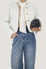 White Frenchy Button Front Detail Tweed Jacket