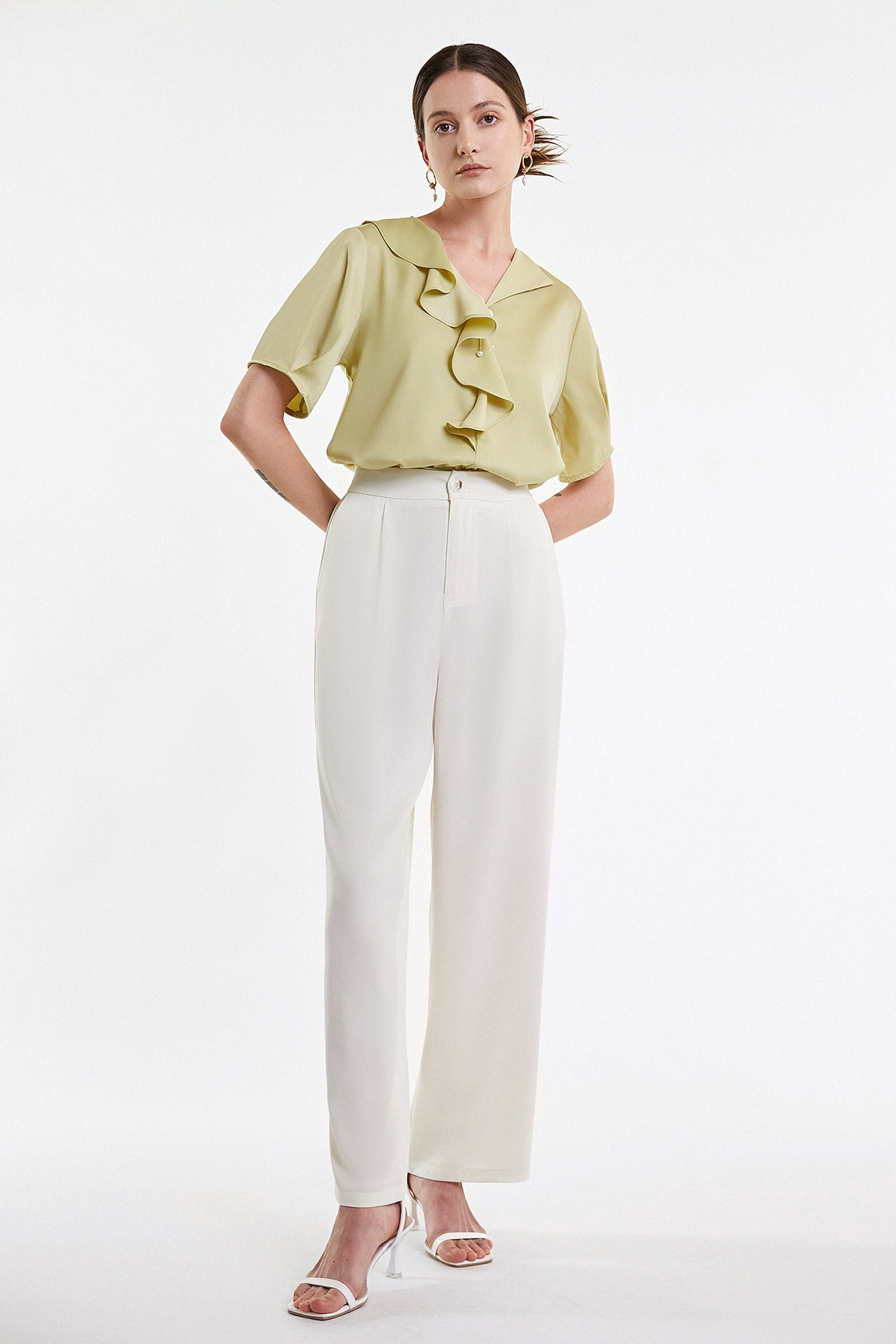 Yellow Green Flounce-Trimmed Short Sleeve Blouse