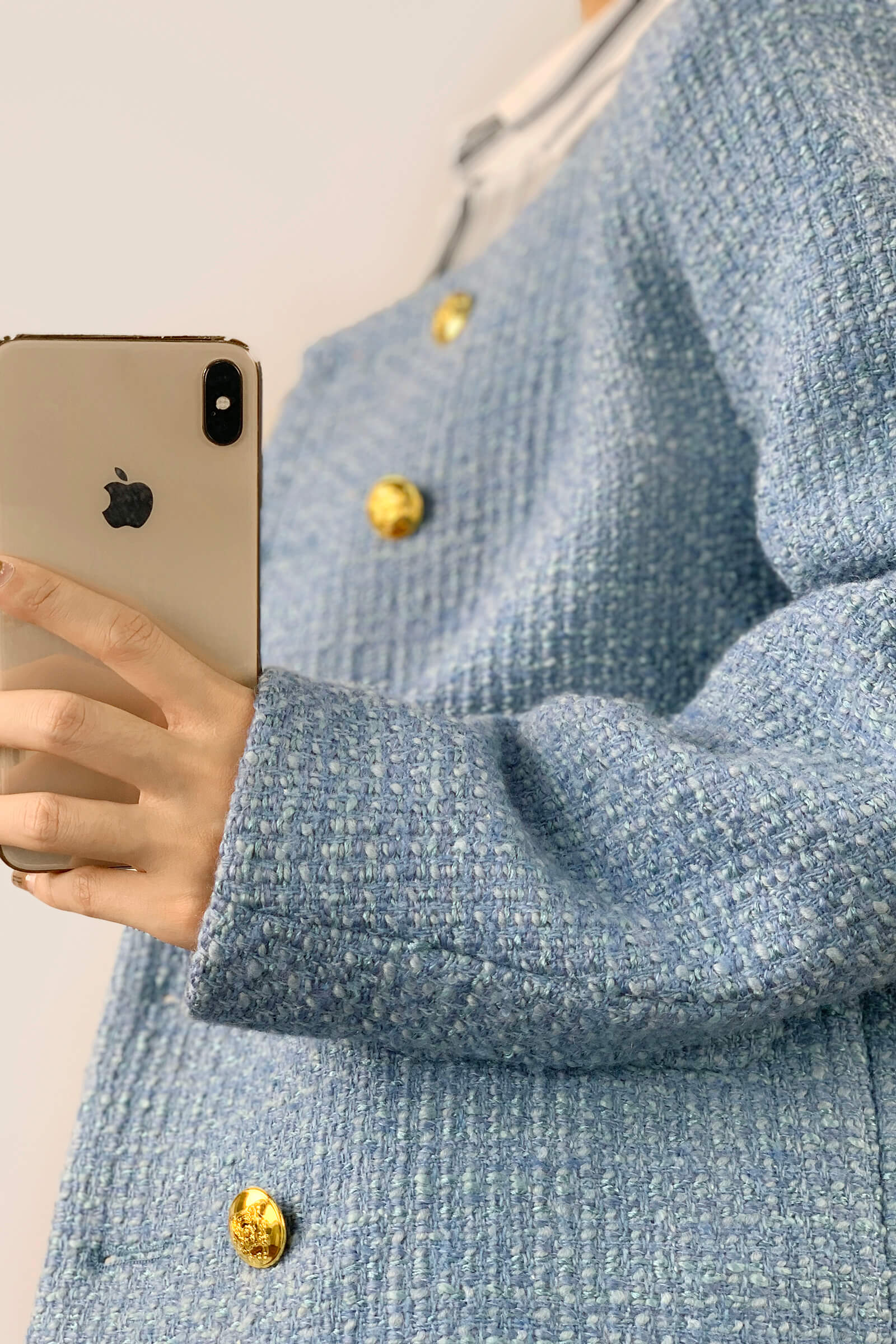 Cornflower Blue Double-Breasted Tweed Jacket With Gold Buttons