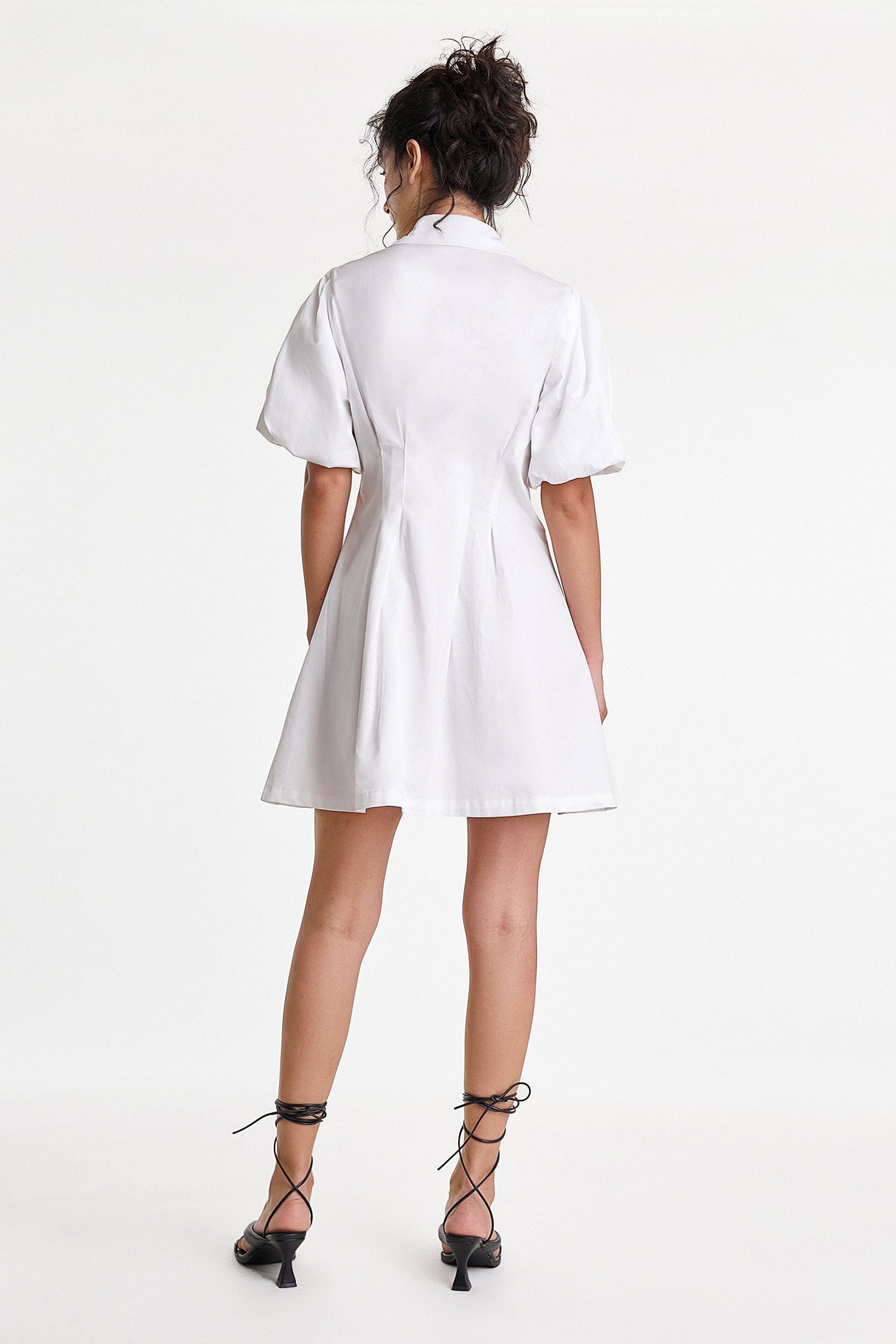 White Fitted Waist Puff Sleeve Shirt Dress