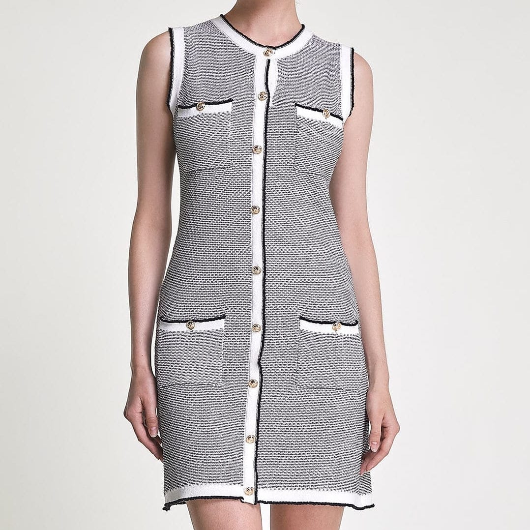 Grey Sleeveless Button Front Pocket Detail Knitted Mini Dress