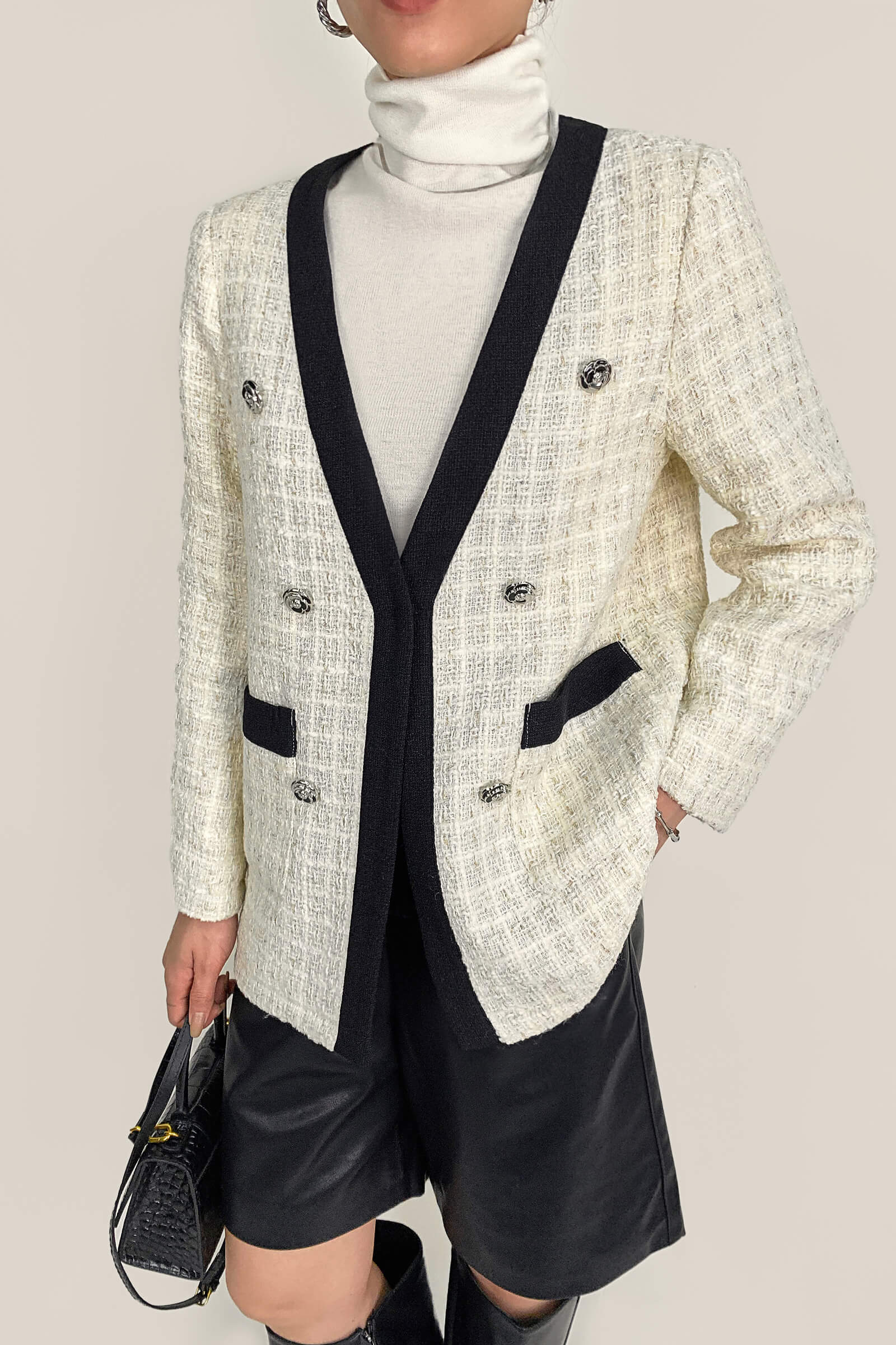 Floral White Contrast Trim Double-Breasted Wool-Blend Tweed Jacket
