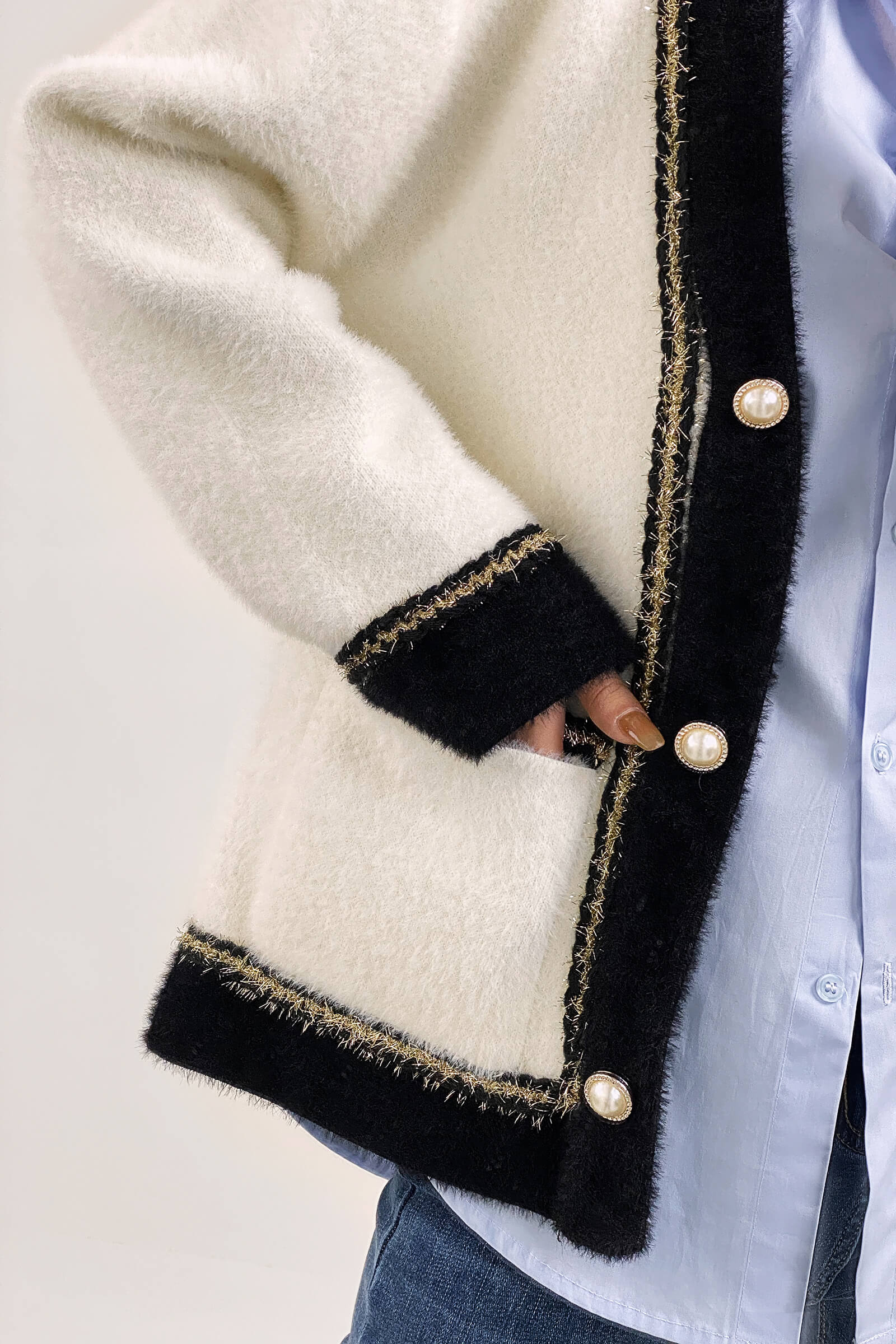 White Pocket Detail Contrast Trim Cardigan