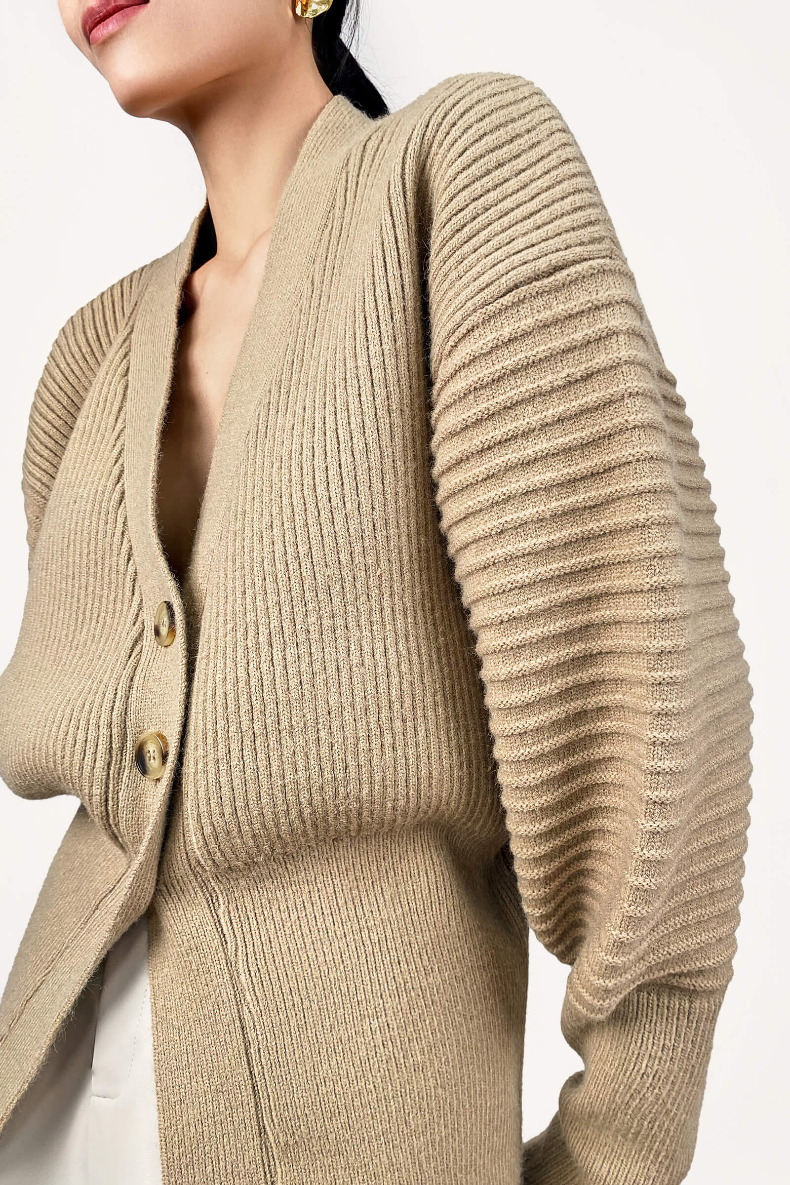 Tan Balloon Sleeve Ribbed Knit Cardigan