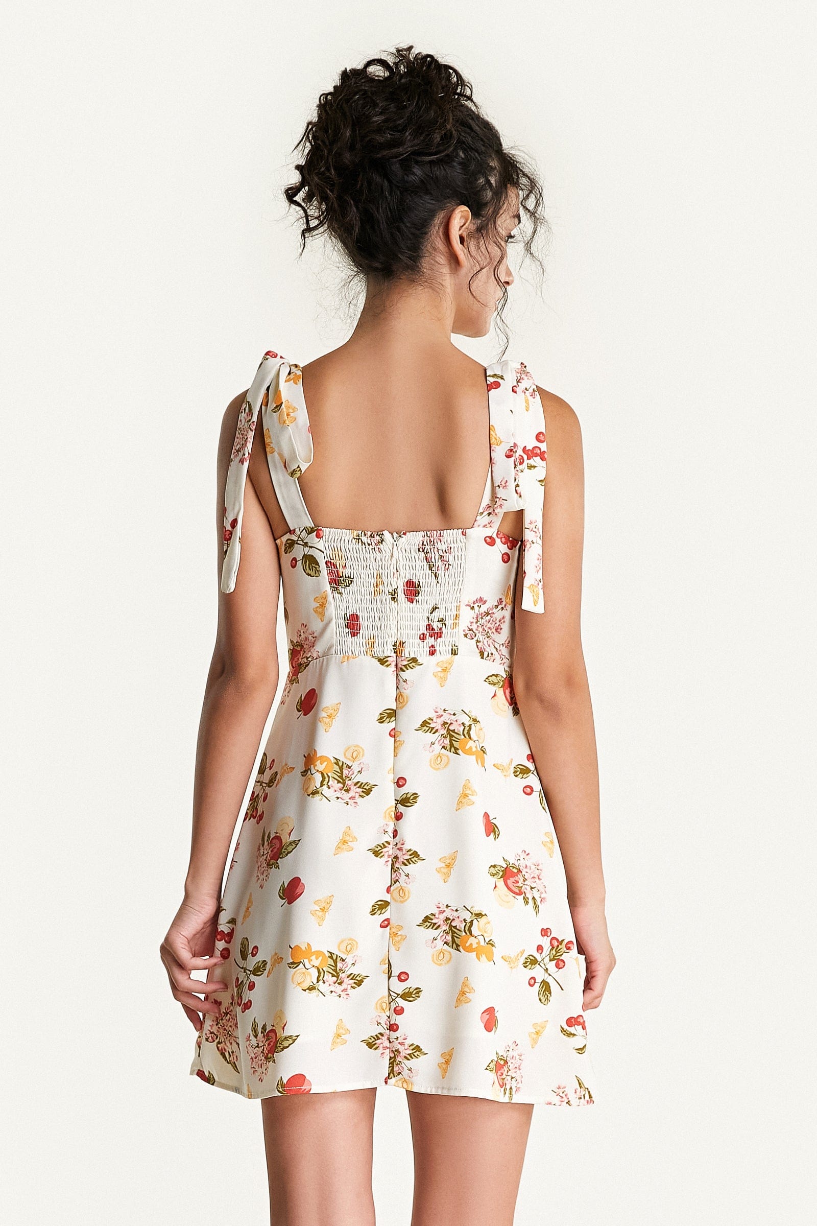 Ivory Fruit Print Tie Strap Mini Dress