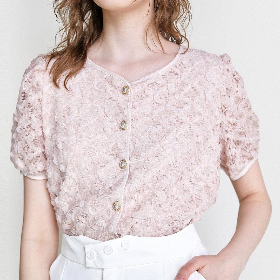 Pink Textured Floral Button Front Blouse
