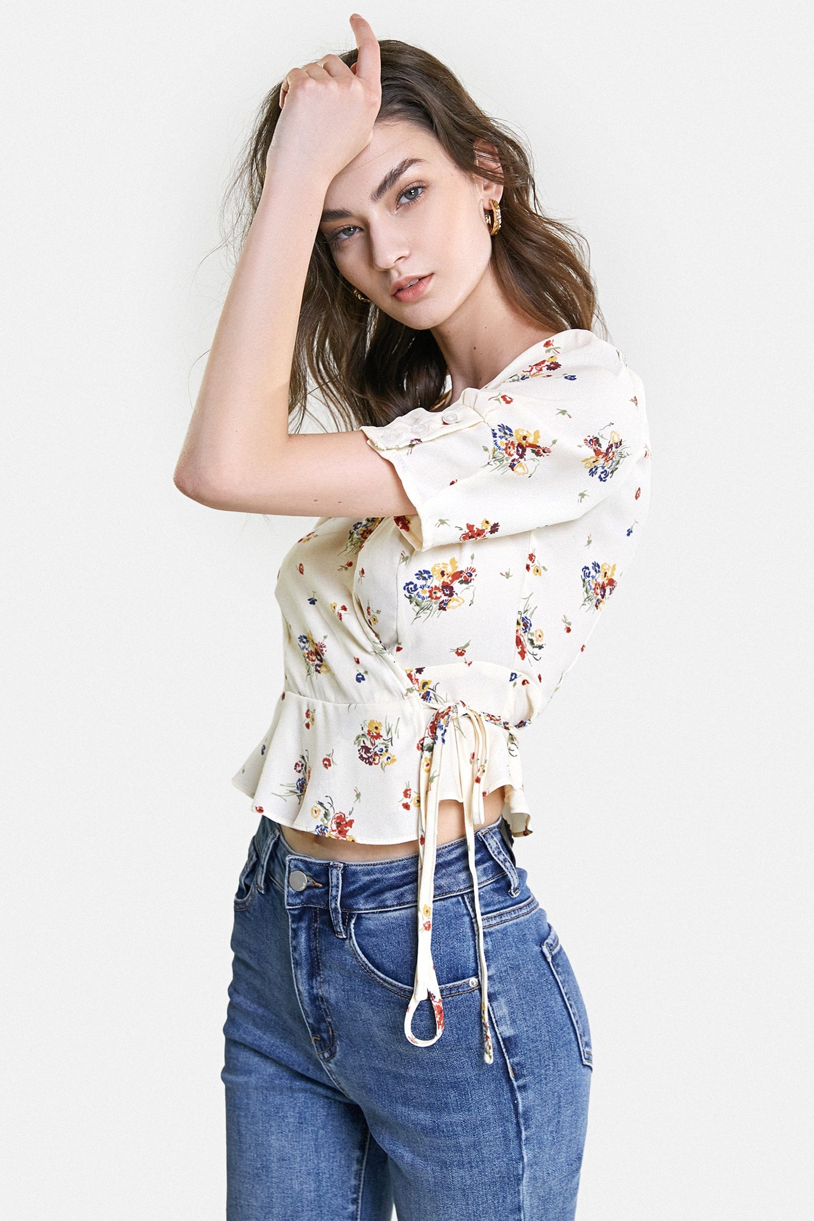Ivory Floral Print Surplice V-Neck Tie Detail Blouse