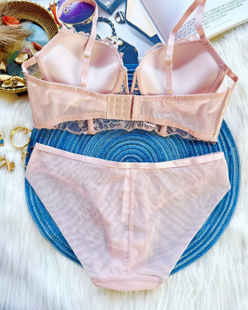Mesh Lace Floral Embroidered Underwire Bra And Panty Set