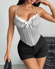 Sheer Mesh Lace Patchwork Boning Spaghetti Straps Corset Top