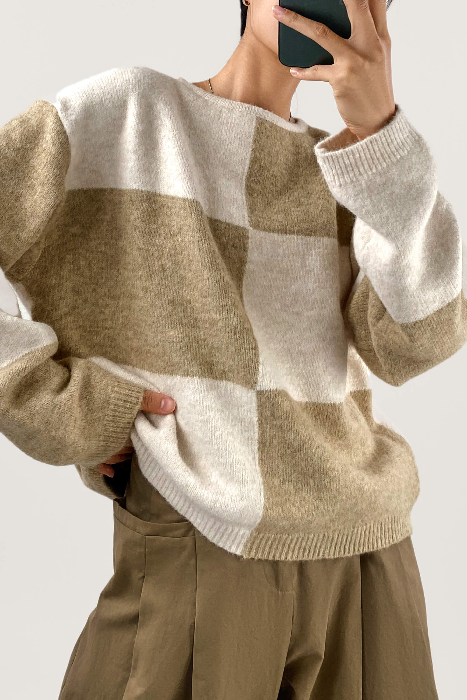 Khaki Cozy Crew Neck Plaid Sweater